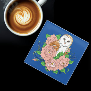 Schuur Uil Roze Bloemen Blauw Glazen Onderzetter