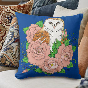 Schuur Uil Roze Bloemen Blauw Kussen