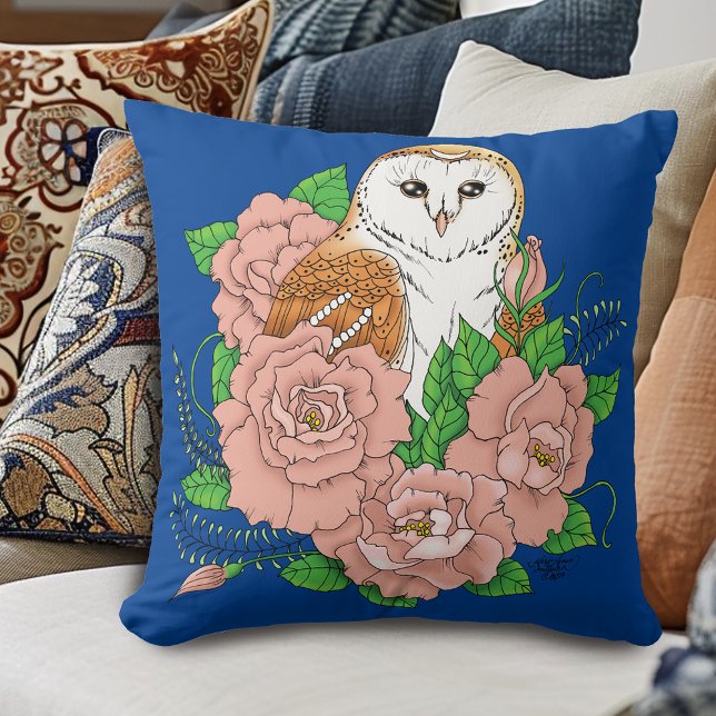 Schuur Uil Roze Bloemen Blauw Kussen (Creator heeft geüpload)