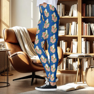 Schuur Uil Roze Bloemen Blauw Leggings