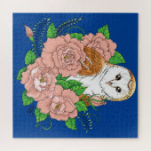 Schuur Uil Roze Bloemen Blauw Legpuzzel (Horizontaal)