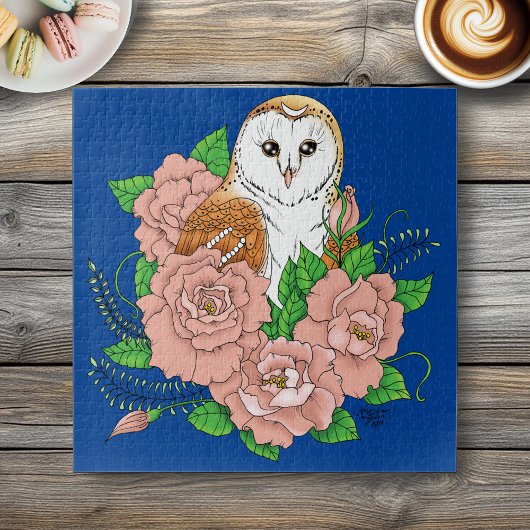 Schuur Uil Roze Bloemen Blauw Legpuzzel