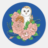 Schuur Uil Roze Bloemen Blauw Ronde Sticker (Voorkant)