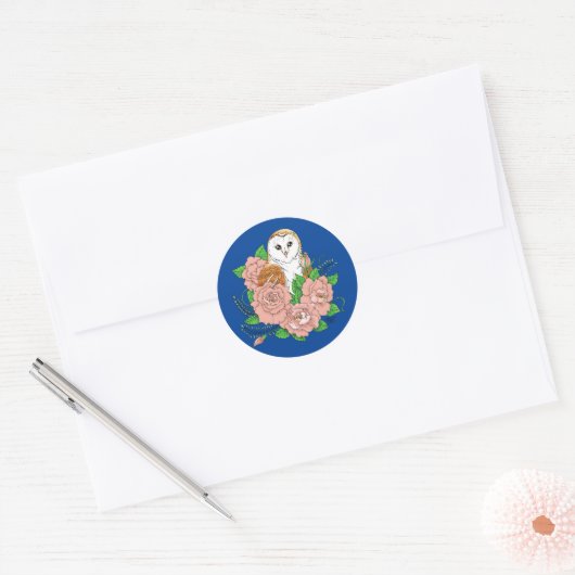 Schuur Uil Roze Bloemen Blauw Ronde Sticker (Envelop)