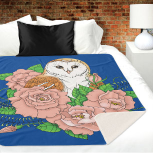 Schuur Uil Roze Bloemen Blauw Sherpa Deken