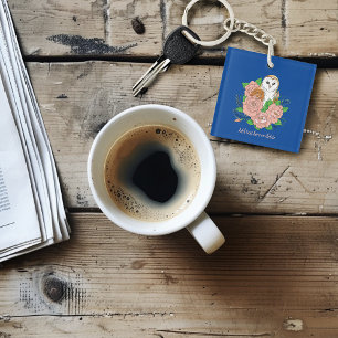 Schuur Uil Roze Bloemen Blauw Sleutelhanger