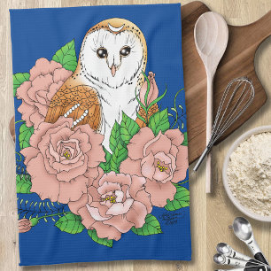 Schuur Uil Roze Bloemen Blauw Theedoek