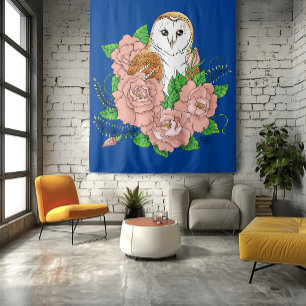 Schuur Uil Roze Bloemen Blauw Wandkleed