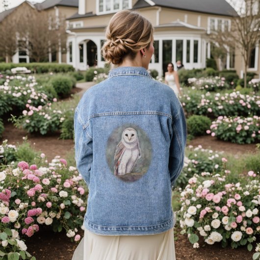 Schuur Uil Wildlife Waterverf Kunst Denim Jacket (Huwelijk Achterkant)