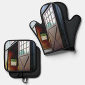 Schuurdeur perspectief ovenwant & pannenlap set (Voorkant / Achterkant)