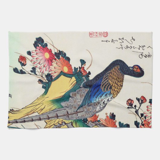 Schuurmiddel en chrysanthemum, Hiroshige, Ukiyo-e Theedoek (Horizontaal)