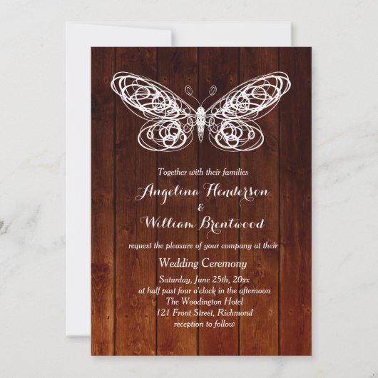 Schuurplank vlinder bruiloft uitnodiging (Voorkant)