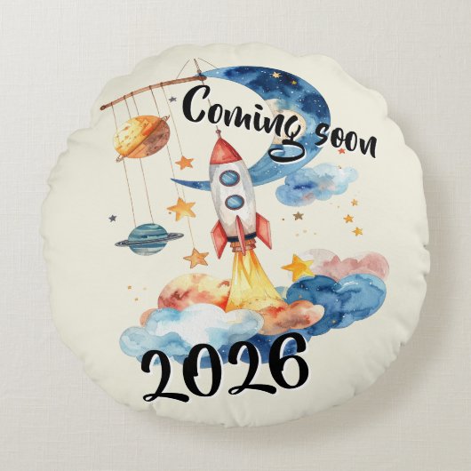 Schwangerschaft verkünden 2026 Rakete Weltraum Rond Kussen (Voorkant)