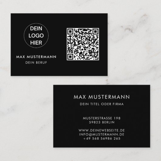 Schwarz Weiß Visitenkarte mit Logo und QR Code Visitekaartje (Voorkant / Achterkant)