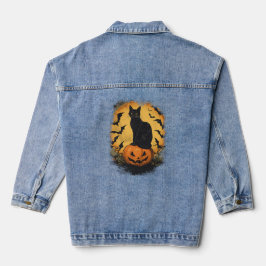 Schwarze Katze auf Halloween-Kürbis Denim Jacket