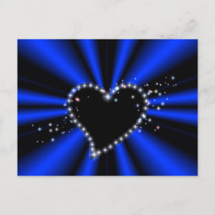 schwarzes Herz mit Sternchen auf blau - schwarz Briefkaart