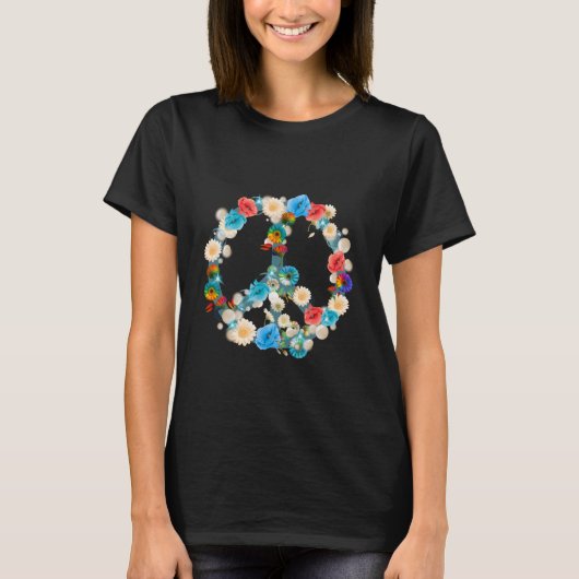 Schwarzes T-Shirt mit buntem Blüten-Peace-Zeichen (Voorkant)