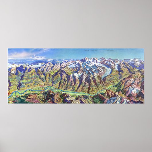 " Schweiz: 1960er/heute - Wallis Panoramakarte Poster (Voorkant)