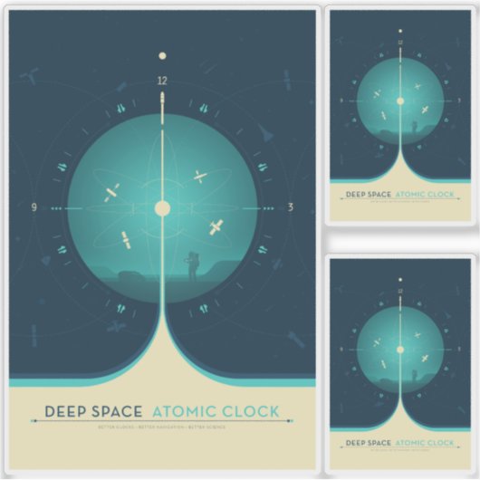 Sci-Fi Ad, blauwe atoomklok, diepe ruimte Sticker (Voorkant)