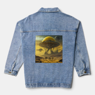 Sci-Fi Alien World Uitzicht Planet Ufo Tower Denim Jacket