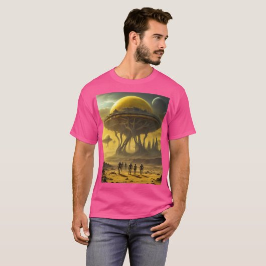 Sci-Fi Alien World Uitzicht Planet Ufo Tower T-shirt (Voorkant volledig)