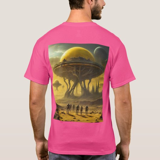Sci-Fi Alien World Uitzicht Planet Ufo Tower T-shirt (Achterkant)