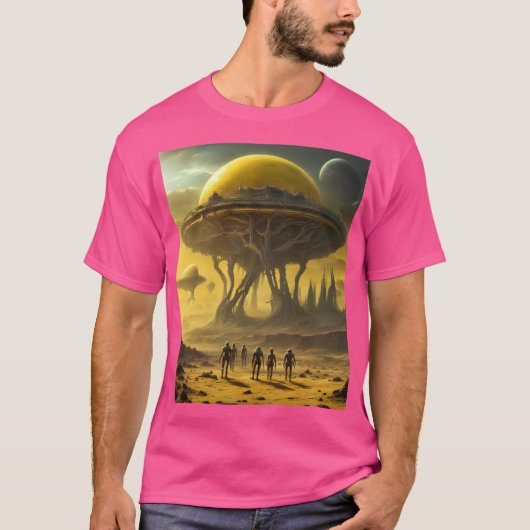 Sci-Fi Alien World Uitzicht Planet Ufo Tower T-shirt (Voorkant)