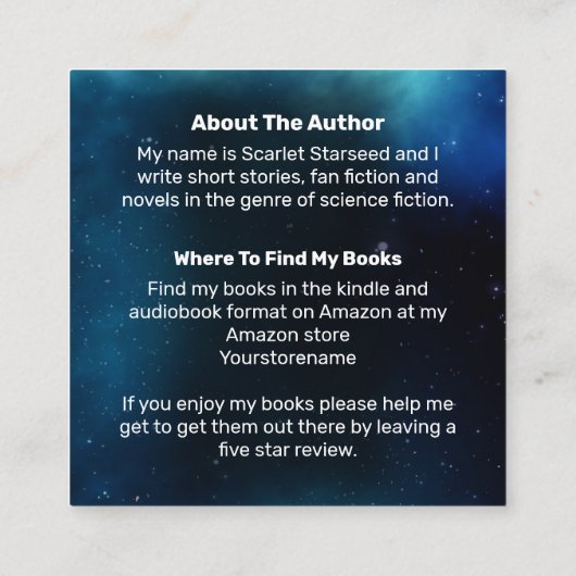 Sci-fi Book Author Square Visitekaartje Space Sci- (Achterkant)