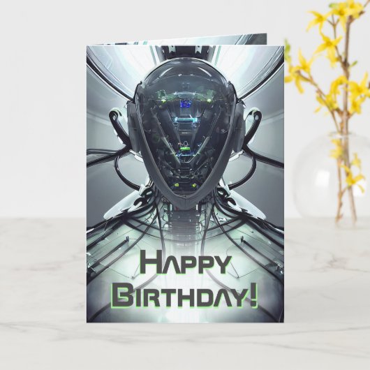 Sci-Fi Cyber Droid Fighter Pilot Birthday Kaart (Gele Bloem)