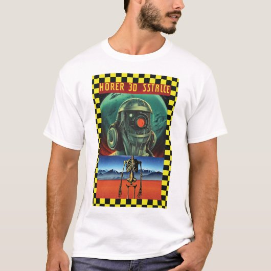 Sci-fi-kunst met zwarte en gele cheque t-shirt (Voorkant)