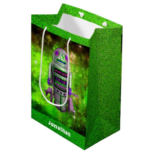 Sci Fi robotarrobot groene melkwegstelsel - aangep Medium Cadeauzakje (Voorkant Gekanteld)