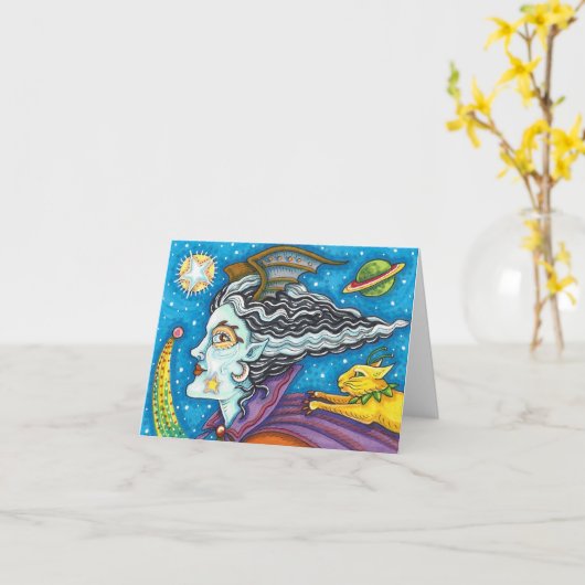 Sci Fi SPACE WITCH & COMET CAT HALLOWEEN Blank Kaart (Gele Bloem)