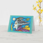 Sci Fi SPACE WITCH & COMET CAT HALLOWEEN Blank Kaart (Gele Bloem)