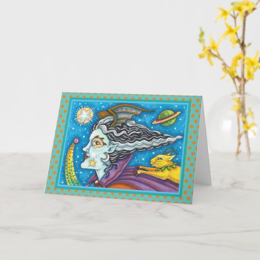 Sci Fi SPACE WITCH & COMET CAT HALLOWEEN Blank Kaart (Gele Bloem)