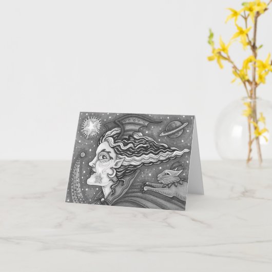 Sci Fi SPACE WITCH & COMET CAT HUMOR BLK/WHT Blank Kaart (Gele Bloem)