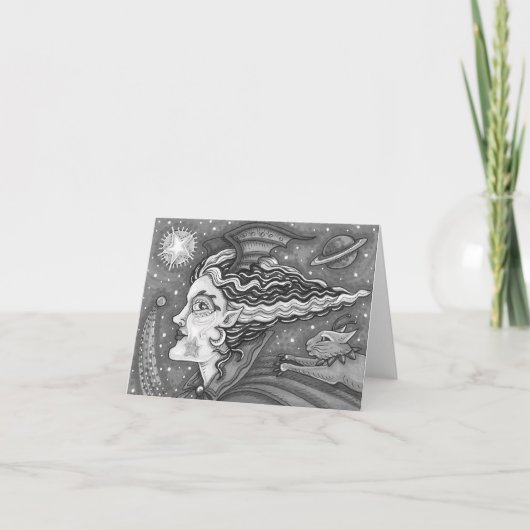 Sci Fi SPACE WITCH & COMET CAT HUMOR BLK/WHT Blank Kaart (Voorkant)
