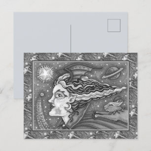 Sci Fi SPACE WITCH & KOMEET CAT BLK/WHITE HALLOWEE Feestdagenkaart