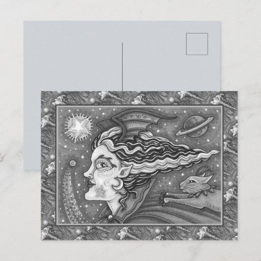 Sci Fi SPACE WITCH & KOMEET CAT BLK/WHITE HALLOWEE Feestdagenkaart (Voorkant / Achterkant)