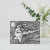 Sci Fi SPACE WITCH & KOMEET CAT BLK/WHT HALLOWEEN Feestdagenkaart (Staand voorkant)