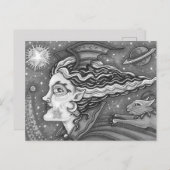 Sci Fi SPACE WITCH & KOMEET CAT BLK/WHT HALLOWEEN Feestdagenkaart (Voorkant / Achterkant)