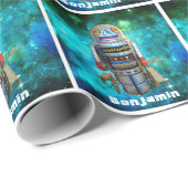 Sci Fi speelgoed Robot Blauw Galaxy Retro Aangepas Cadeaupapier (Rol Hoek)