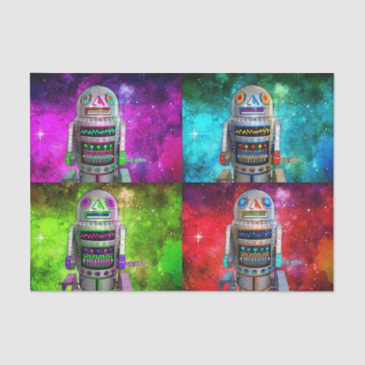 Sci Fi speelgoed robot rood paarse blauw groen ste Tissuepapier (Voorkant)