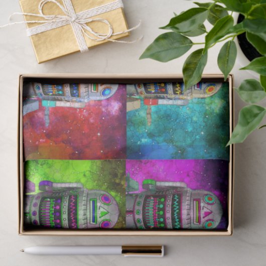 Sci Fi speelgoed robot rood paarse blauw groen ste Tissuepapier (Geschenk)