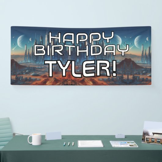 Sci-Fi thema HAPPY BIRTHDAY met naam Spandoek (Beurs)