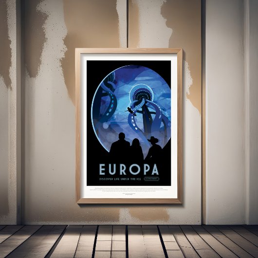 Sci-Fi Travel Ad, Moon Europa Foto Afdruk