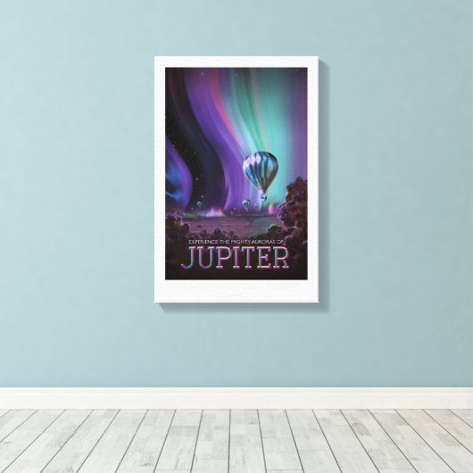 Sci-Fi Travel Ad, planeet Jupiter Canvas Afdruk (Insitu (Houten vloer))