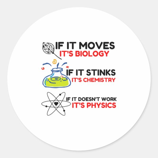 Science BIOLOGY CHEMISTRY PHYSICS Ronde Sticker (Voorkant)