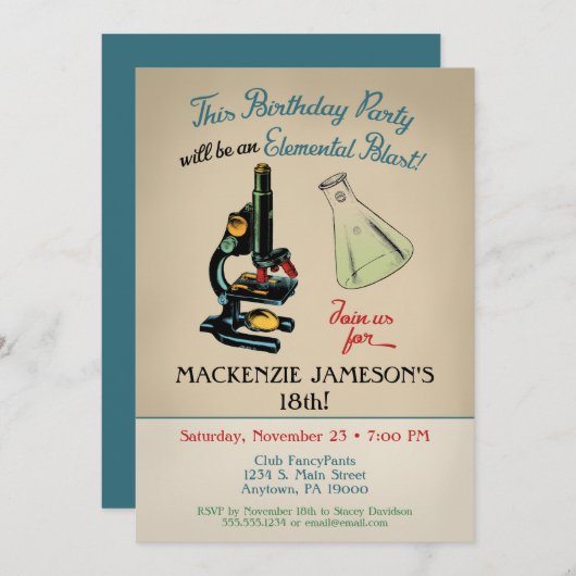 Science Birthday Invitation Microscope Kaart (Voorkant / Achterkant)