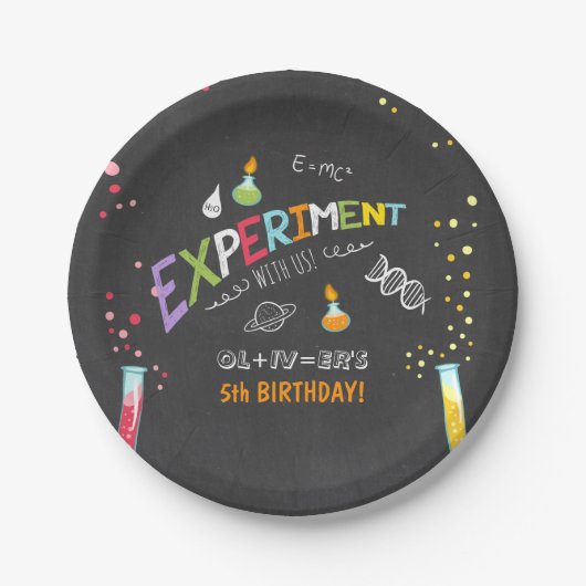 Science Birthday Paper borden Experiment Lab Boy Papieren Bordje (Voorkant)