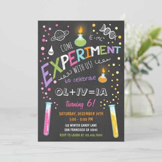 Science Experiment Birthday Invitation Girl Kaart (Staand voorkant)